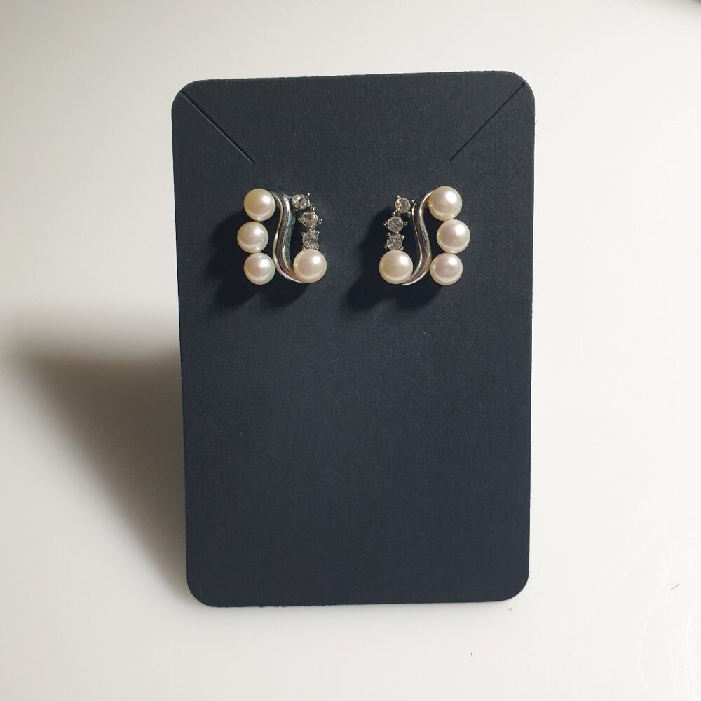 White Faux Pearl Rhinestone Swirl Earrings Sterling Silver Modern Elegant Design